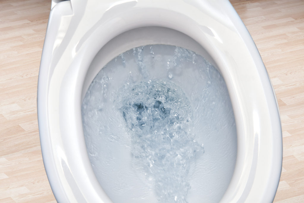 View of water flushing down a white toilet.