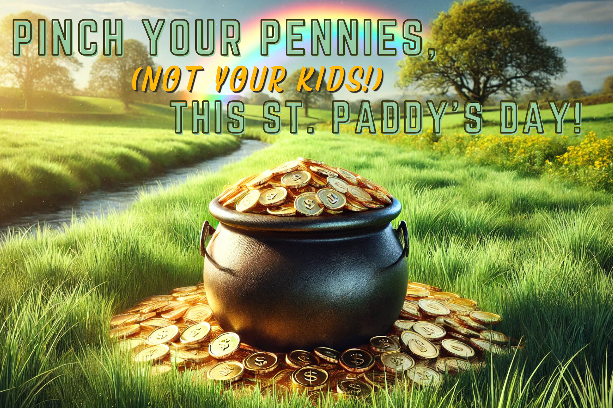 Pot of gold with rainbow and four-leaf clovers